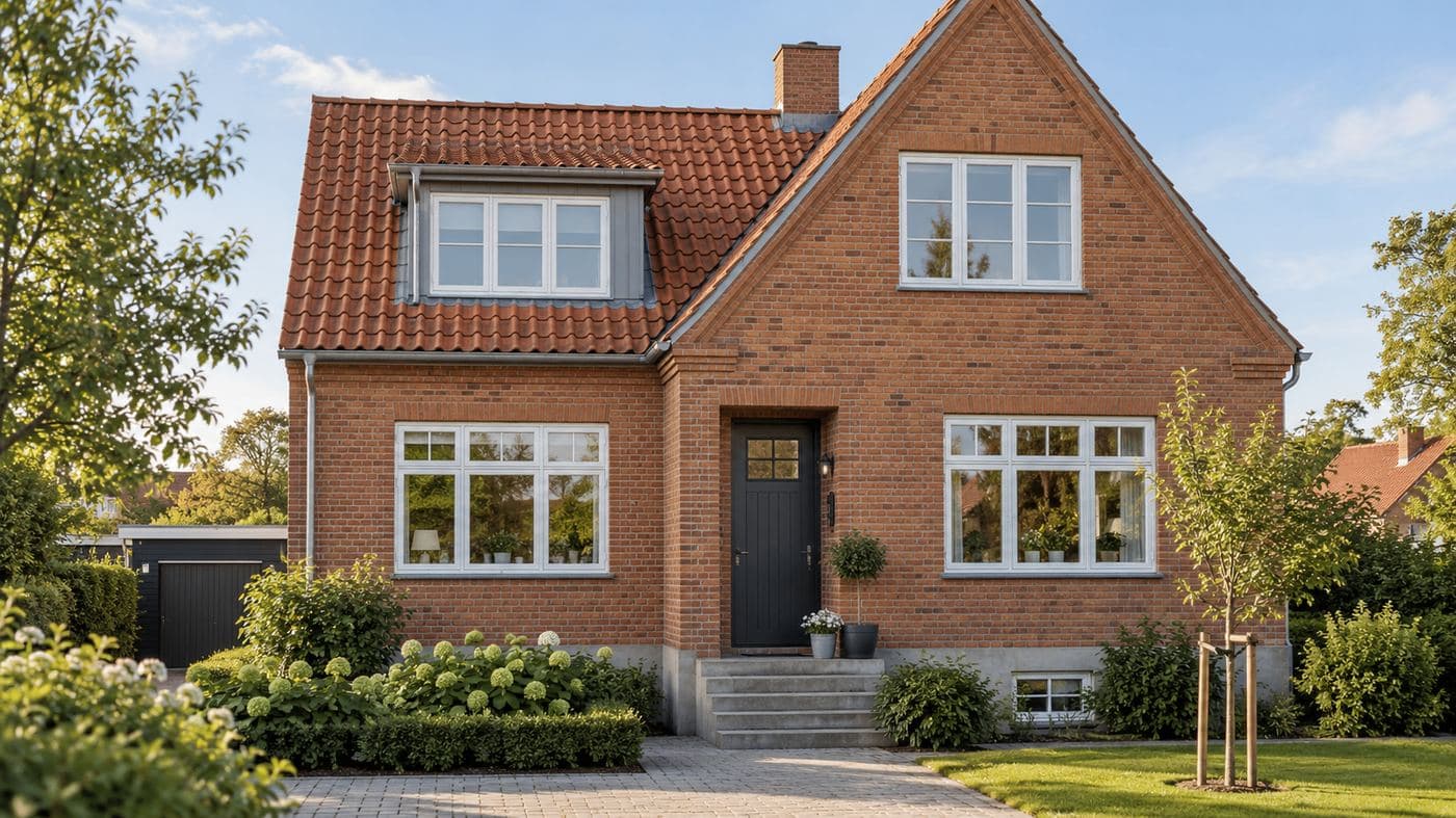 Dansk murstenshus med tegltag og hvide vinduer